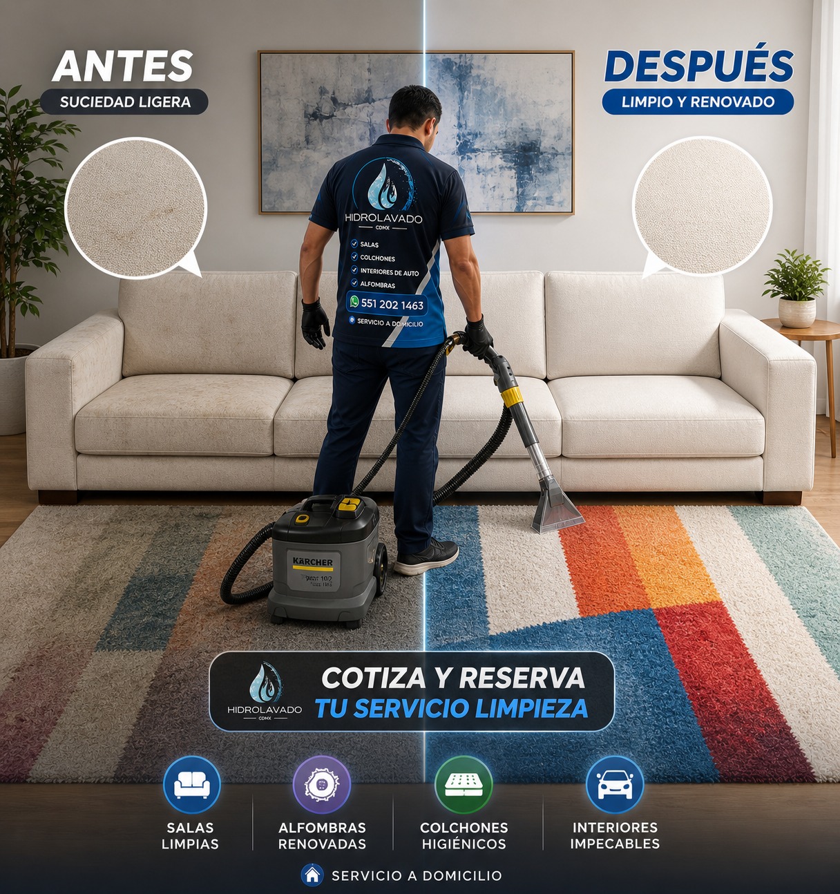 Imagen publicitaria de Hidrolavado: técnico con equipo de extracción junto a una sala y un tapete